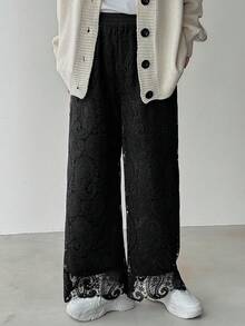FRIFUL Damen einfarbige Hose mit elastischem Bund, Spitzenstoff, gerades Bein, asymmetrischer Saum, locker, vielseitig, Herbst/Winter - Schwarz - Übersicht 5