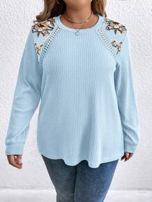 EMERY ROSE Plus Size Women Floral Print Patchwork Crew Neck Long Sleeve Casual Sweatshirt Fall - Blue - View 6
