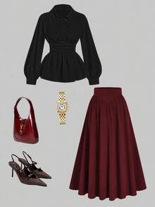 Velvienne 2 件套大码女士时尚收腰上衣和纯色裙子，适合春秋季节的优雅装扮 - 彩色 - 查看 1