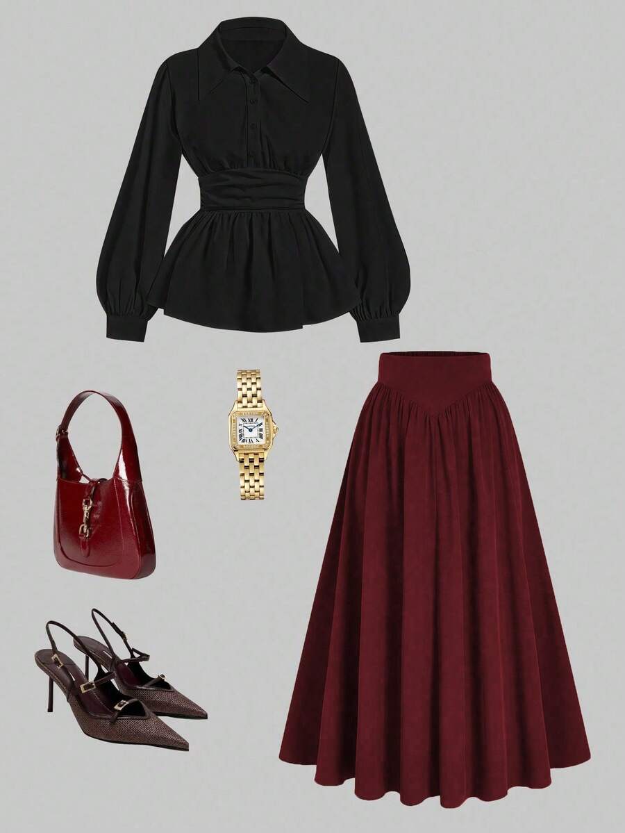 Velvienne 2 件套大码女士时尚收腰上衣和纯色裙子，适合春秋季节的优雅装扮 - 彩色 - 查看 1