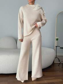 EURMUSE Women Sweater Sets With 3d Big Ribbon Detail - Beige - View 5