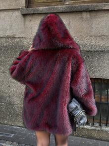GalTyme Plus Size Women Hooded Faux Fur Jacket, Fashionable For Autumn/Winter - Red - View 2