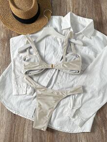 Swim Vcay 女士两件套度假沙滩套装，性感纯色金属外壳优雅白色比基尼套装，适合夏季