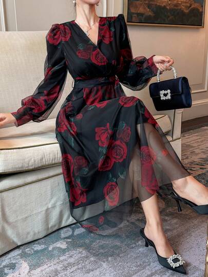 DAZY Elegant Floral V-Neck Puff Sleeve Midi Dress For Women, Autumn