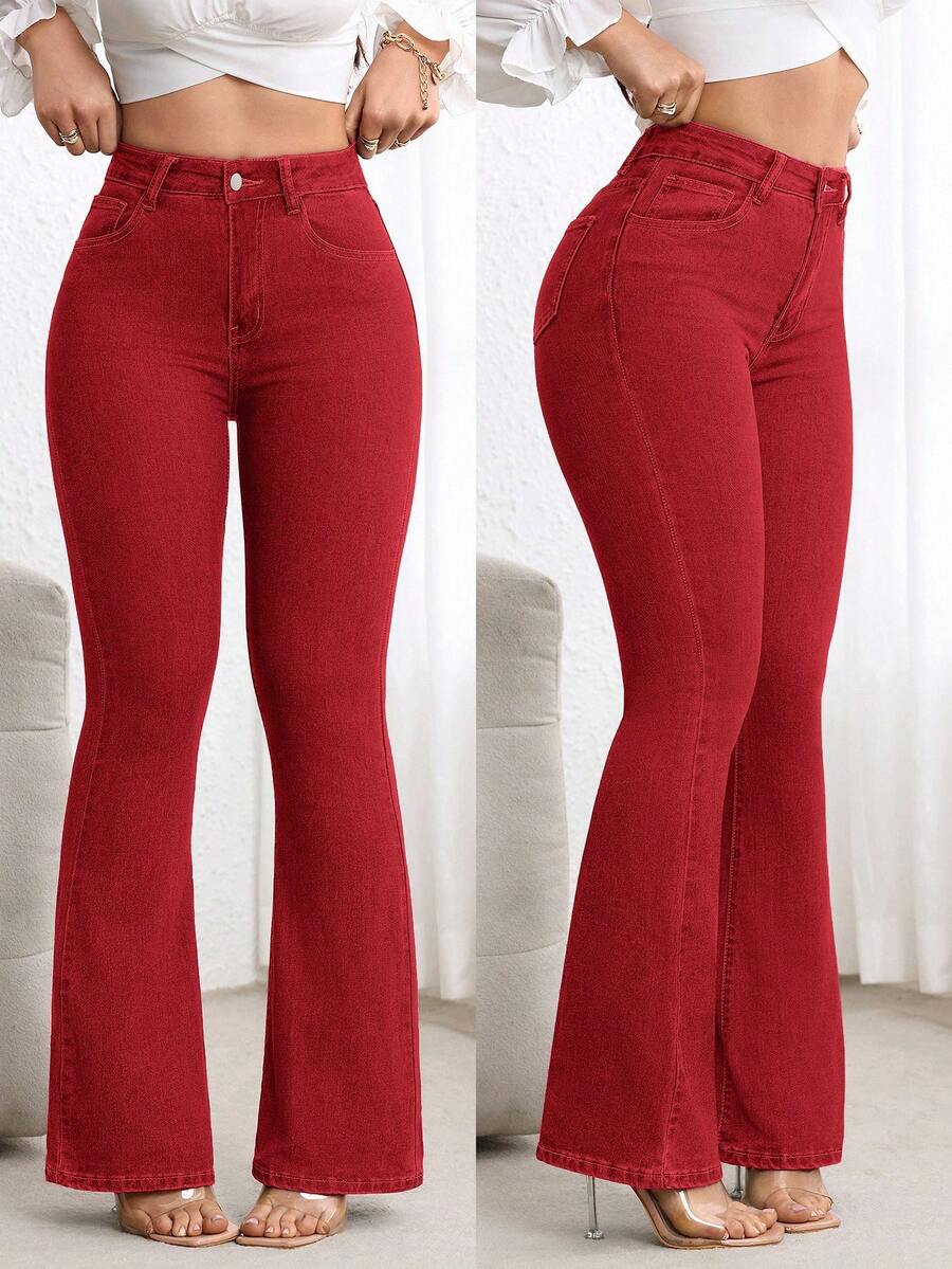 EMERY ROSE جينز واسع بخصر عالي وجيوب للنساء ذوات الحجم الكبير، متعدد الاستخدامات - الأحمر - مشاهدة 1