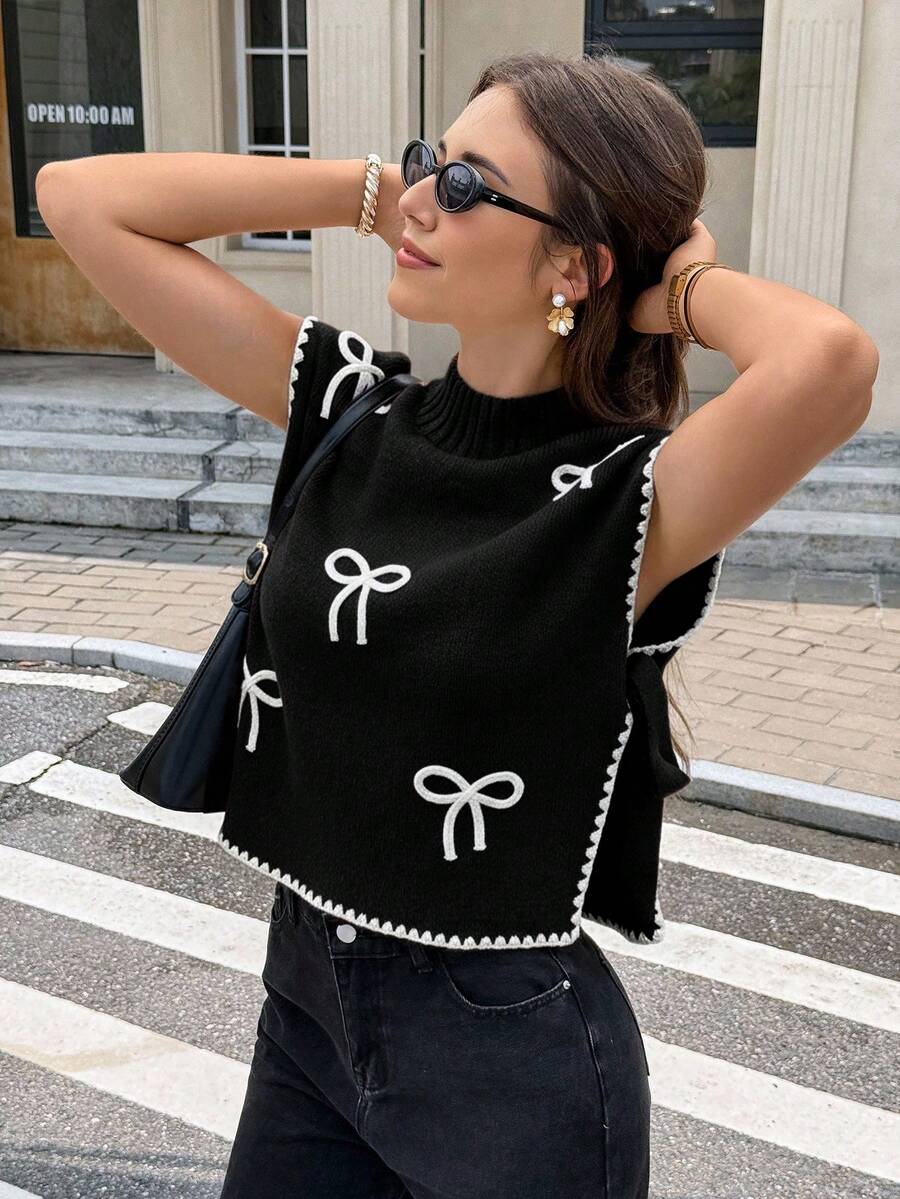 Serisse 女款撞色镶边领无袖蝴蝶结装饰毛衣背心,宽松小立领3D蝴蝶结休闲毛衣背心,休闲百搭,秋冬休闲圆领钩针贝壳装饰撞色镶边毛衣上衣 - 黑色 - 查看 1