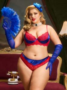 PinupPomp 2 Stück Unterwäsche-Set mit Kontrastfarben, geformter Tasse mit Bügel, gestützter Hebung, Spitze-Patchwork, umhüllend bequem, 3/4 Tasse, retro romantisch, Große Größen BH und Slip