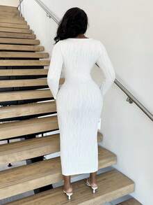 Alexandranx Autumn/Winter Round Neck Cable Knit Apricot Long Sleeve Dress,Pastel Dresses For Women - Beige - View 2