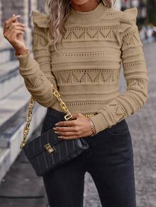 SHEIN Clasi Plus Size Women Black Round Neck Hollow Crochet Pullover Sweater With Ruffle Trim, Elegant Knit Jumper For Autumn, Work And School