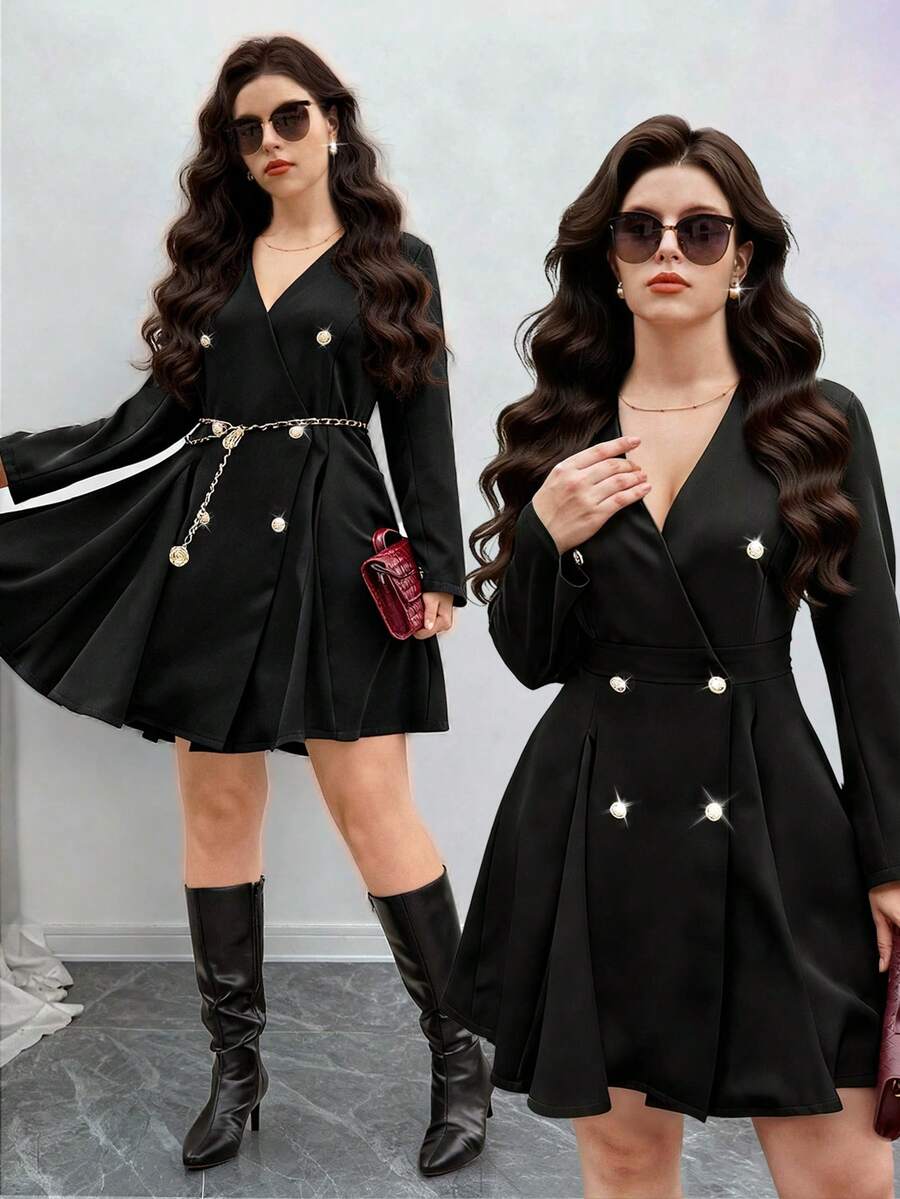 Calvaya Plus Size V-Neck Flared Button Decor Long Sleeve Dress - Black - View 1
