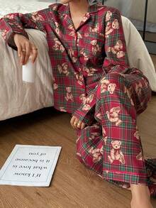Bear Plaid Print Pajama Clothes Set Teddy Bear Pajama Clothes Set Pajama Clothes Sets Winter Plaid Pajama Clothes Set Tartan Pajama Clothes Set Pajama Clothes Sets For Women - Multicolor - View 1