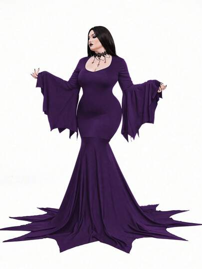 Whyspr Disfraz de bruja sexy y punk de talla grande para Halloween con falda asimétrica y mangas de campana