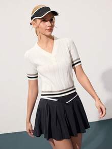CourtClass CourtClass Regular Fit Striped Print V-Neck Short Sleeve Sweater Women Golf Attire Tennis For Women - White - View 4
