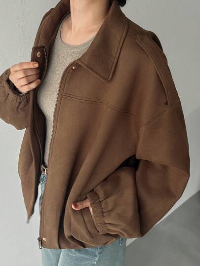 FRIFUL 女士纯棕色翻领落肩长袖肩章口袋袖口褶裥下摆宽松休闲百搭常规外套，秋冬女式外套