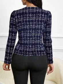 SHEIN Lady 女式格子泡泡袖单排扣优雅常规夹克经典格纹适合所有季节 - 藏蓝色 - 查看 2