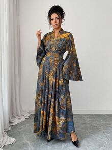 Elenzga Women's Floral Print Overlap V-Neck Long Sleeve Casual Dress - Blue - View 5