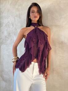 Aloruh Women's Elegant Multi-Layer Ruffle Trim Stand Collar Fitted Tank Top Purple