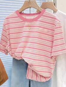 SHEIN Camiseta de mujer de manga corta a rayas de colores vintage, de cuello redondo, corte holgado y talla grande para el verano - Multicolor - Ver 1