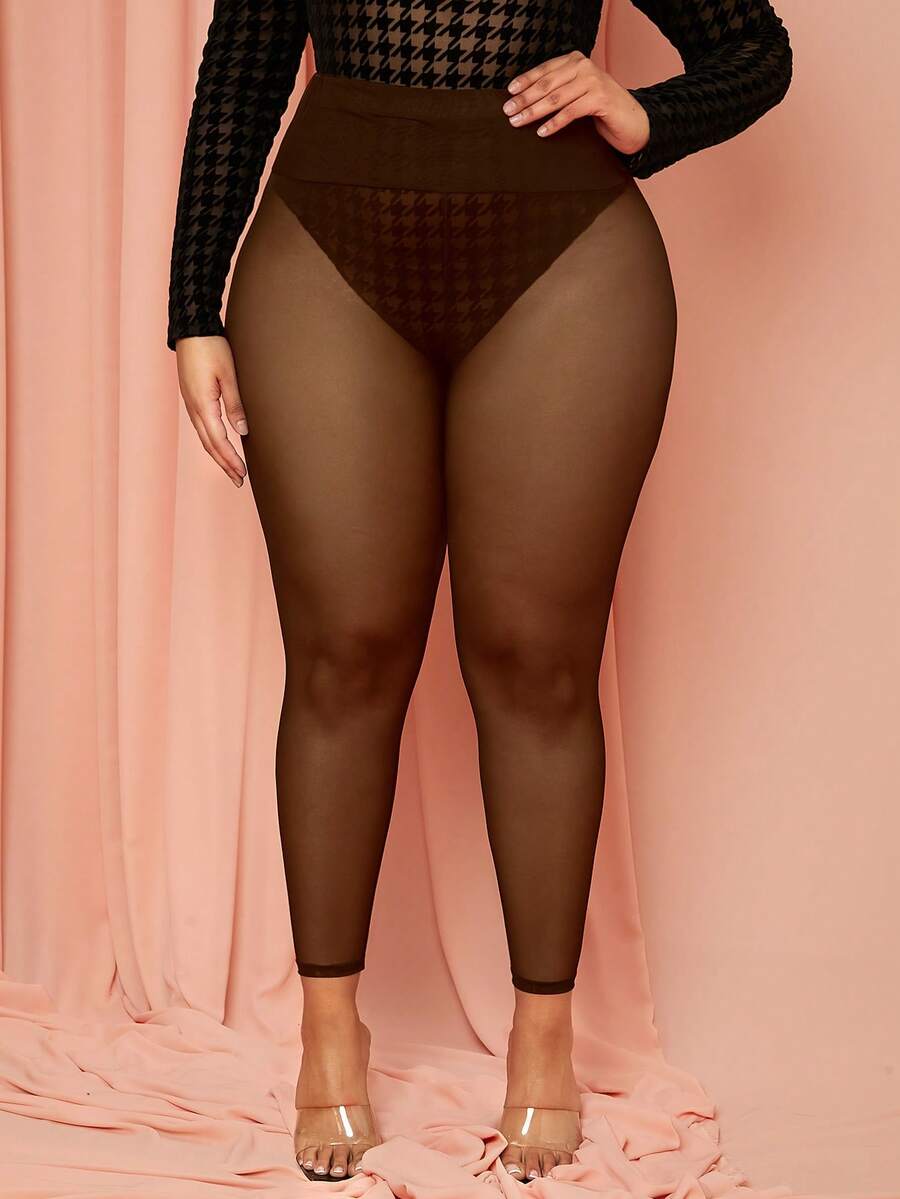 SHEIN SXY 秋季大码女式咖啡棕色透明网眼紧身裤 - 咖啡棕 - 查看 1