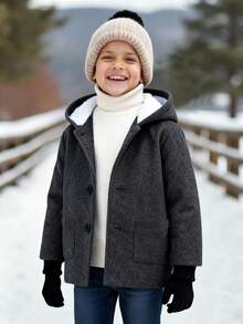 Genkimix Kids 男童休闲连帽中长款羊毛混纺外套，深灰色夹克适合日常穿着、户外活动、通勤、上学、春秋、冬季、短途旅行、度假、旅行、休闲