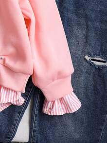 青少年女孩运动衫，休闲学院风百搭，二合一运动衫衬衫领数字和字母印花豹纹宽松版型 - 粉色 - 查看 5