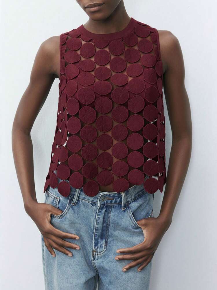 SHEIN Maija Women's Burgundy Polka Dot Hollow-Out Lace Sleeveless Blouse, Vacation Style Casual Tank Top For Urban Commute, Business, Office Wear, Elegant For Spring Summer