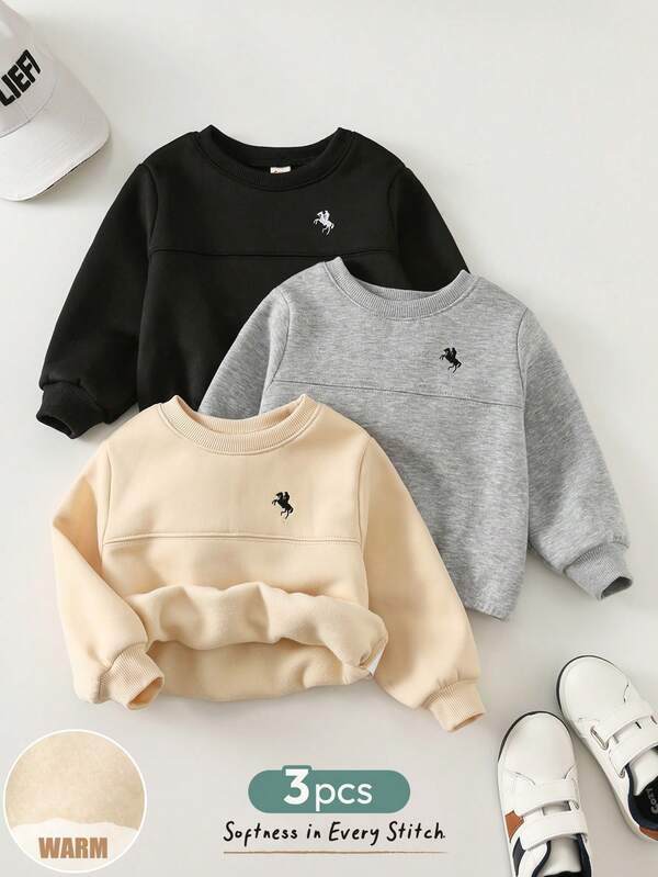 Cozy Pixies 3pcs Baby Boy Letter Print Soft Knit Crew Neck Long Sleeve Hoodie Set, Thermal Lined, Suitable For Winter, Christmas, Casual Everyday Wear Baby Sweatshirts Toddler Sweater Baby Solid Color Knitted Sweater Neutral Baby Clothes Unisex
