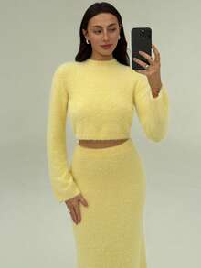 Aloruh Light Yellow Ribbed Tight Crew Neck Long Sleeve Sweater + Tight Long Knit Dress, Stylish Outfit For Young Women - Light Yellow - View 6