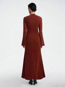 SHEIN LUNE Váy ôm sát tay dài cổ điển thanh lịch Gothic màu cà phê, cổ cao tay loe, vải bóng ánh kim, thích hợp cho những dịp trang trọng, Halloween, Giáng sinh, dự tiệc - Cà phê - Xem 2