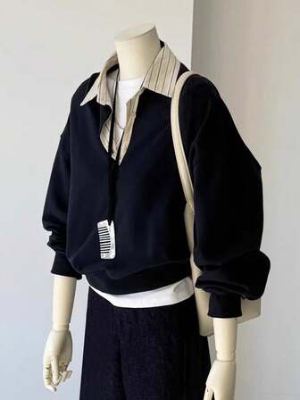 INAWLY Women's Striped Shirt Collar Long Sleeve Sweatshirt