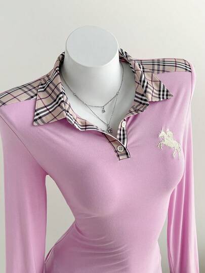 Comfortcana 2025 New Fall And Winter Women's Plaid Patchwork Polo Collar Embroidered Knight Long Sleeve Casual T-Shirt Pink Shirt Cute Style Chic Top Christmas Women's Clothing New Year Women's Clothes Thanksgiving Outfit For Women Cozy Fall And Winter Clothes For Women