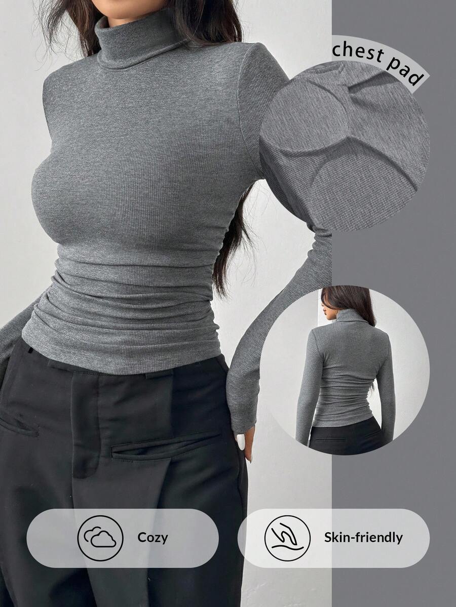 SHEIN EZwear 1 件女式灰色针织加厚高领紧身 T 恤 - 灰色 - 查看 1
