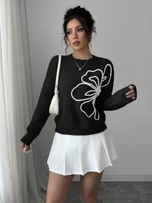 Elenzga Women's Crew Neck Floral Pattern Solid Color Pullover Sweater - Black - View 7
