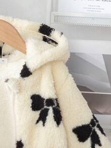 Young Girl' Cute Bow Print Thermal Lined Zip-Up Hooded Cardigan, Waist Cinched Mid-Length Top, Autumn/Winter