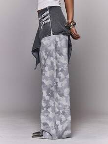 MUSERA 迷彩印花不对称半身裙搭配叠穿阔腿裤，秋冬日常外出休闲酷炫街头风，水洗效果，春夏百搭 - 淺灰色 - 查看 3