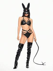 ROMWE Grunge Punk 暗黑朋克孔眼肩带三角杯文胸和内裤性感内衣套装 - 黑色 - 查看 6