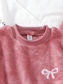 Genkimix Kids Girls' White Bow Decor Pink Long Sleeve Top & Butterfly Print Plush Pants Pajama Set Soft Pajamas Set Girls Lounge Set Tween Lounge Set Sweat Sets Tweens Comfy - Pink - View 5