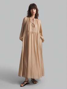 Ontre 2025 New Women's Loose V-Neck Lantern Sleeve Long Dress, Khaki Color, Spring/Resort - Khaki - View 1