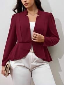 Chikora Plus Notched Detail Ruffle Hem Blazer,Business Casual Woman In Fall/Winter - Burgundy - View 1