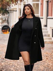 Vionelle Premium grå midikappa för kvinnor, elegant dubbelknäppt överrock med slag i plusstorlek vinterkappa plusstorlek vinterkläder lång kappa plusstorlek jacka damkappor för kvinnor plus - Svart - Visa 7