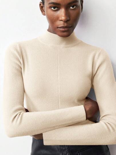 Maija Women's Solid Color Slim Fit High Neck Long Sleeve Minimalist Chic Elegant Basic Sweater, Suitable For Urban Commute, Business Casual, Office Wear Turtle Neck Women Mock Neck Neutral Clothes For Women Stylish Clothing Collection