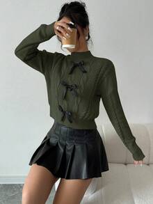 Elenzga 法式蝴蝶结柔软蓬松麻花针织甜美女士长袖套头毛衣，冬季 - 軍綠色 - 查看 4