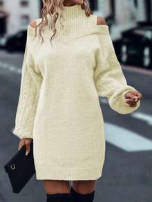 EMERY ROSE 女士优雅高领露肩宽松针织毛衣裙，秋冬 - 米色 - 查看 5