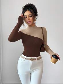 Elenzga Áo len dệt kim đơn giản màu tương phản cổ lọ thanh lịch dành cho nữ - Cà phê nâu - Xem 7