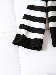 EMERY ROSE Plus Size Women Striped Long Sleeve Single-Breasted Casual Knit Cardigan, Autumn/Winter - Black - View 4