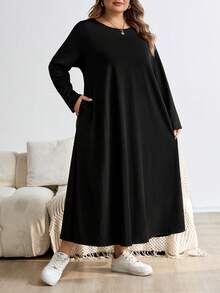 SHEIN CURVE+ 加大码黑色长袖宽松 A 字中长连衣裙，时尚秋冬连衣裙 - 黑色 - 查看 4