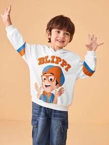 Blippi X SHEIN Young Boy Figure & Letter Graphic Oversized Hooded Sweatshirt, Autumn/Winter Boy Hoodie Anime Hoodie