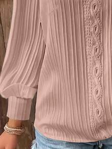 大码纯色蕾丝边长袖休闲衬衫 - 淺粉色 - 查看 3