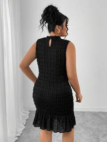 Elenzga Plus Size Textured Jacquard Fabric Solid Color Ruffle Hem Sleeveless Dress, Ribbed Knit Bodycon Skirt, Fashionable Versatile For Dates And Parties - Black - View 2