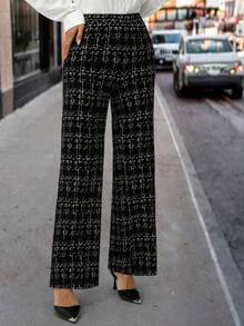 Editum 夏季优雅女士格子印花弹力针织裤，适合各种场合，适合夏季度假、优雅旅行、日常通勤 - 黑與白 - 查看 6